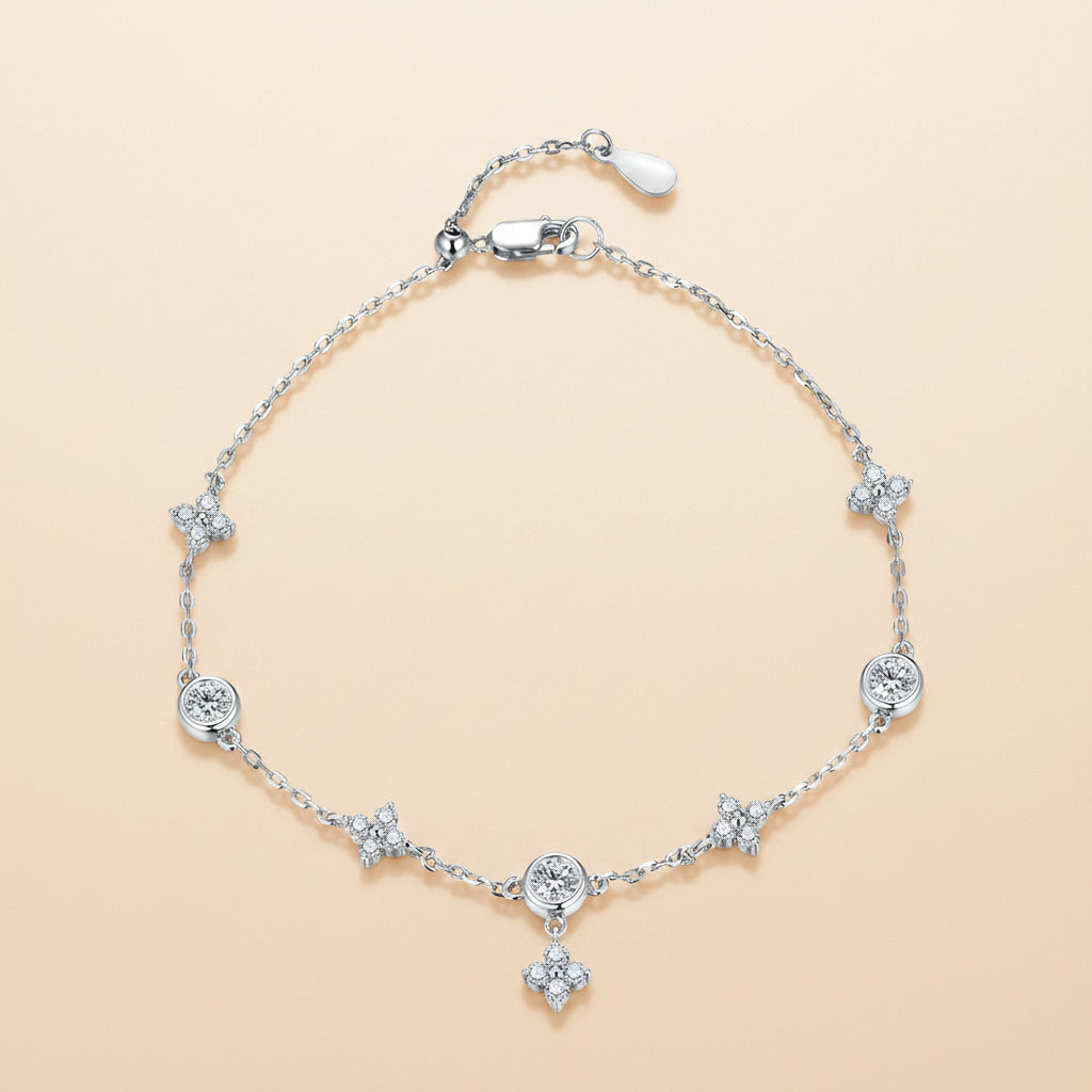 Pulseira Clássica com Moissanite e Pérolas - Prata 925 ou Ouro 10K/14K/18K