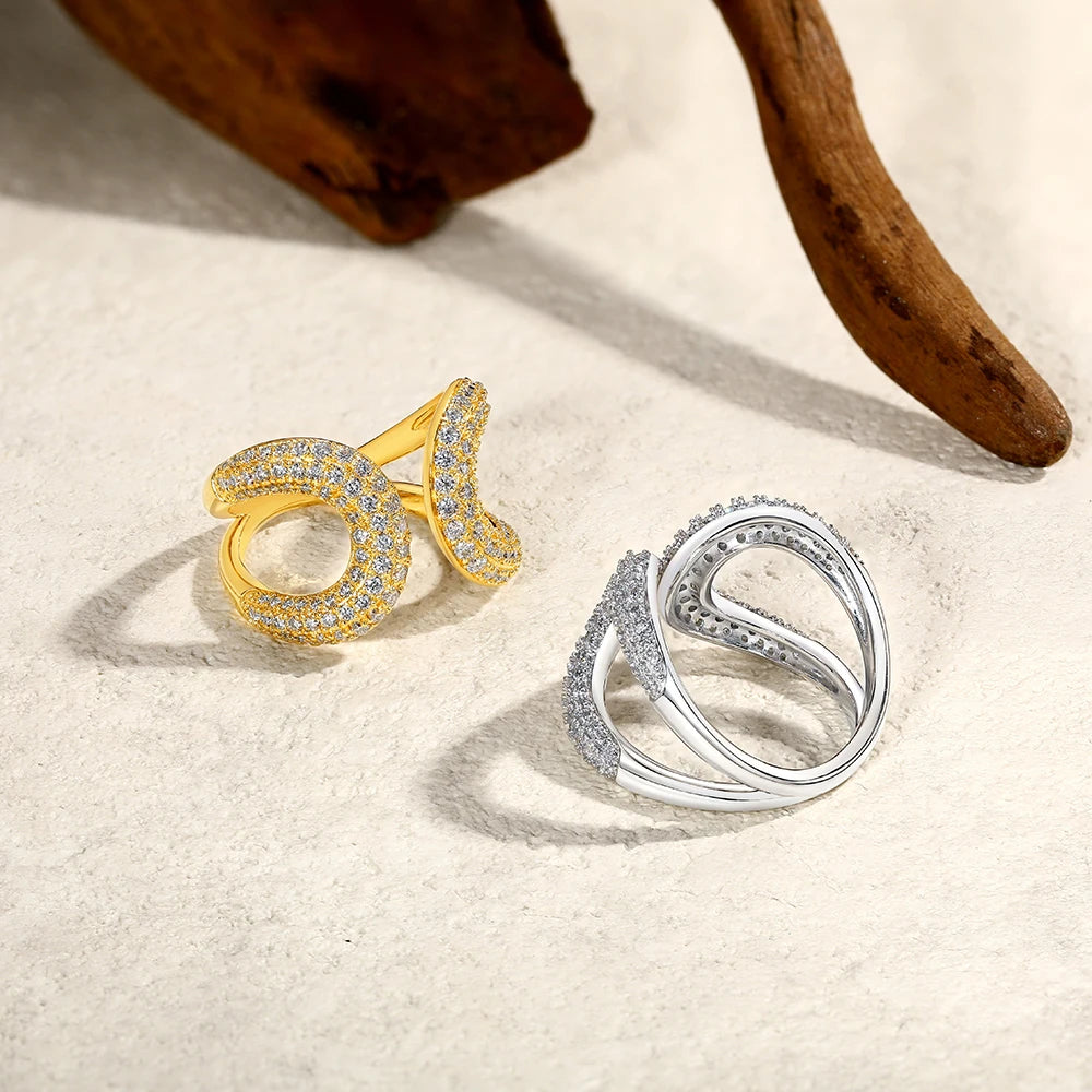 Anel Ajustável Moissanite Full, Prata 925, Design Vazado