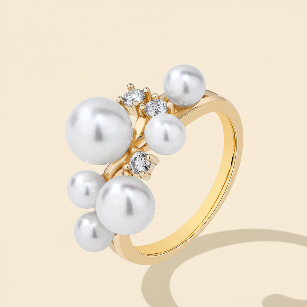 Anel de Pérola e Moissanite em Prata 925 com Banho de Ouro 18k
