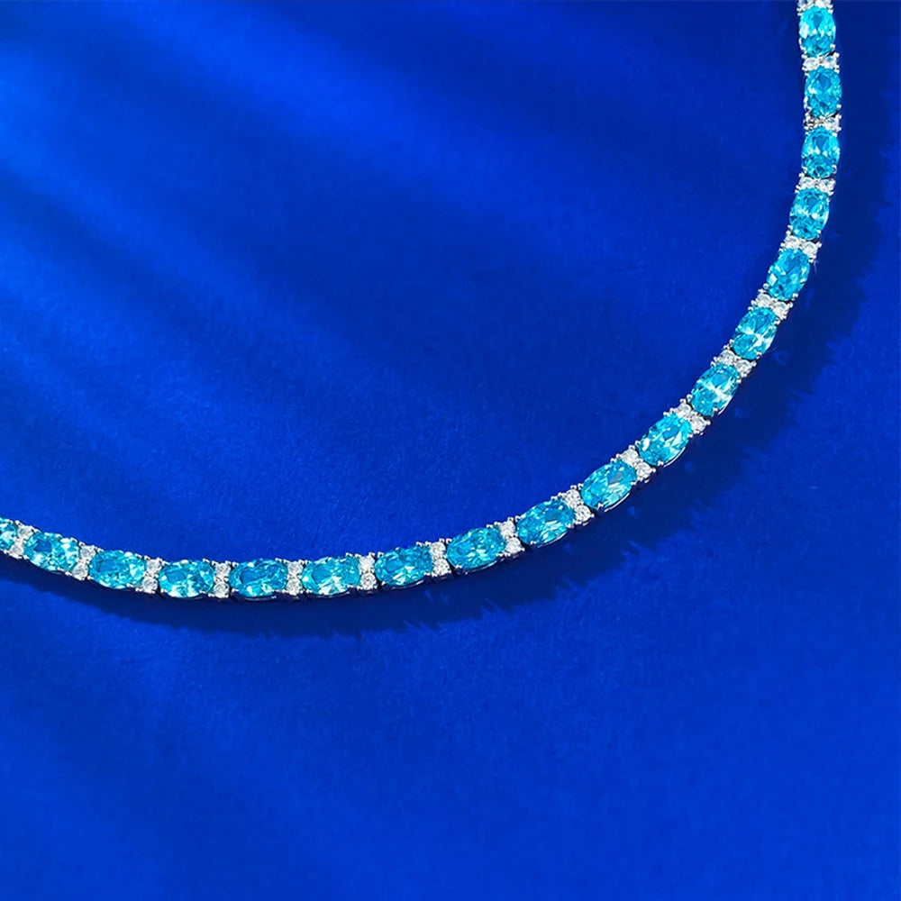 Pulseira Wong Rain em Prata 925 com Água-Marinha Oval 4x6 mm e Detalhes em Pedra de Alto Brilho