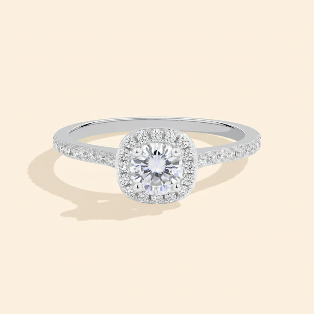 Anel Solitário Halo em Prata 925 com Moissanite e Certificado