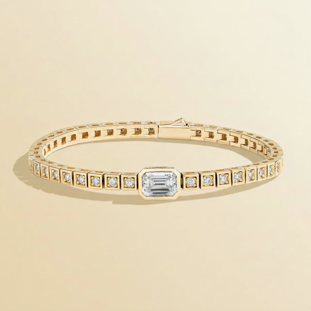 Bracelete Tennis Moissanite Asscher 8x6mm em Prata 925 Banhada a Ouro | ATTAGEMS