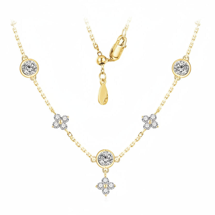 Colar Luxo com Moissanite D Color em Prata 925 e Banho Ouro Branco – Pingente Floral