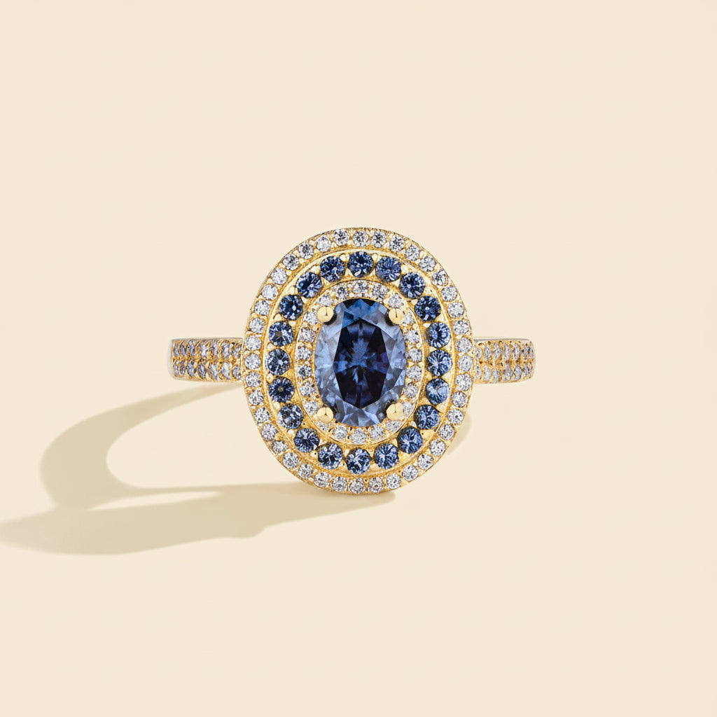 Anel Feminino Blue Moissanite Oval 1.0CT em Prata S925 com Certificado GRA