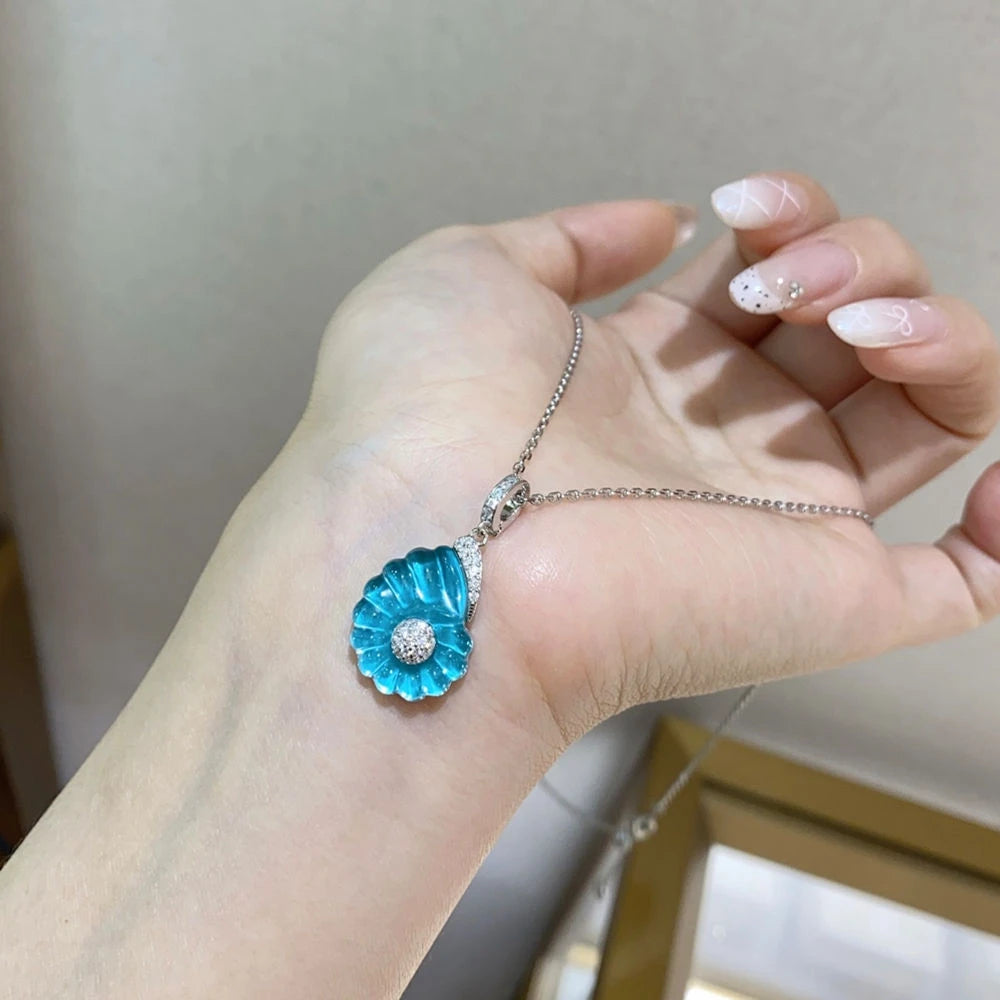 Colar Pingente Concha com Cristal e Safira Lab em Prata 925 - Wong Rain