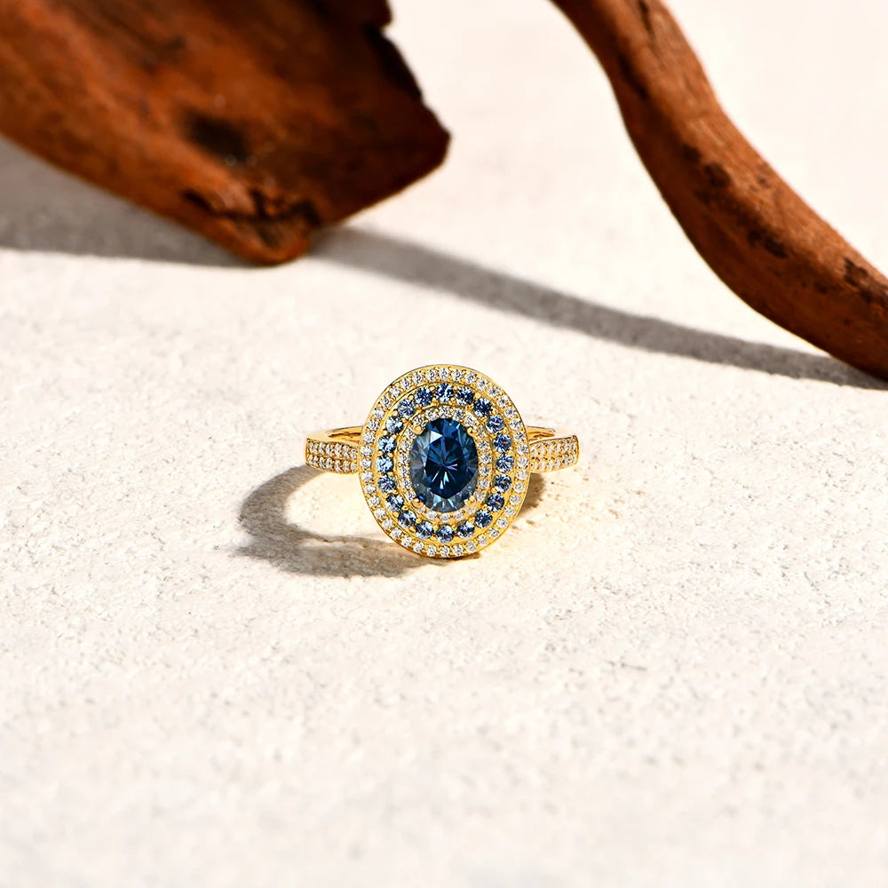 Anel Feminino Blue Moissanite Oval 1.0CT em Prata S925 com Certificado GRA