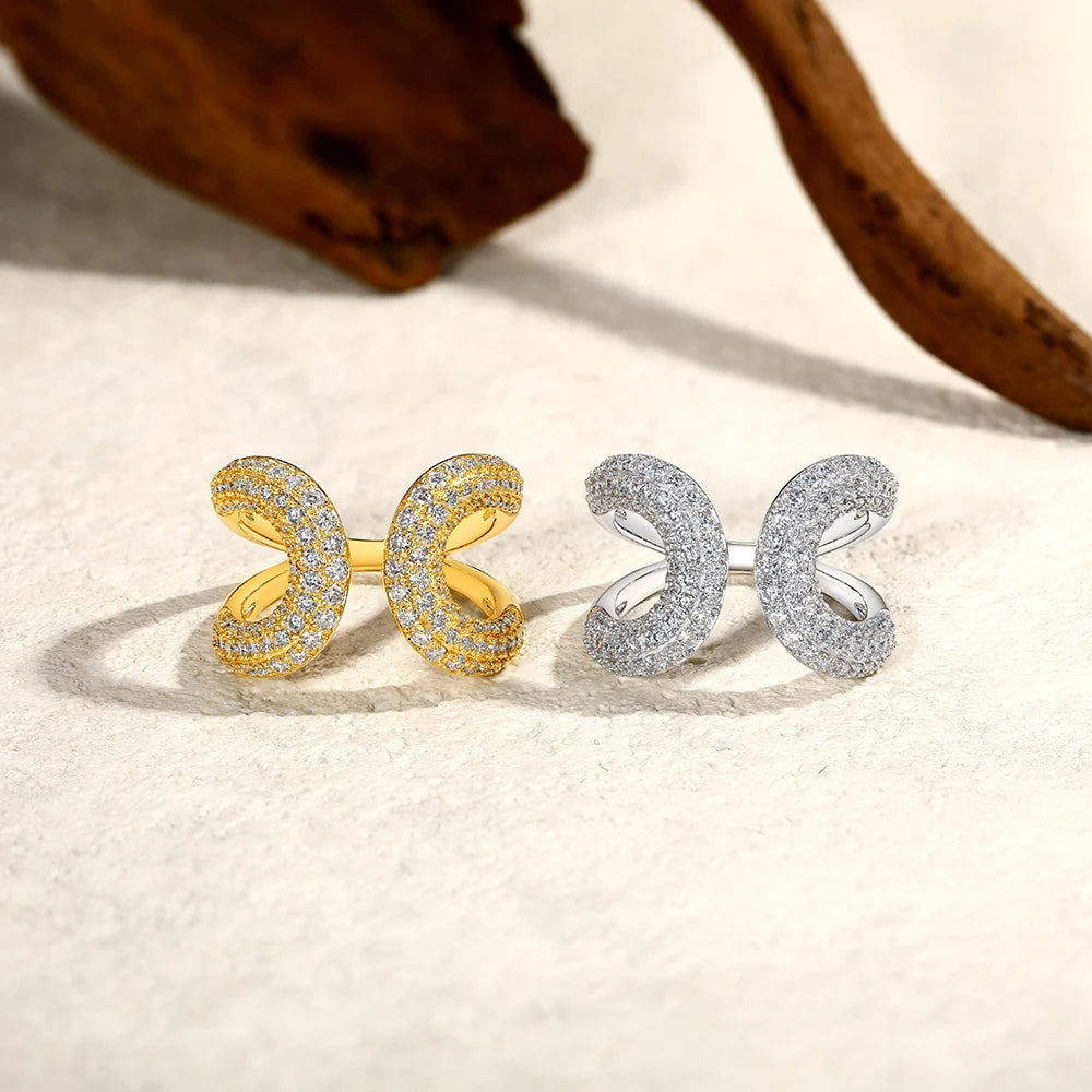 Anel Ajustável Moissanite Full, Prata 925, Design Vazado