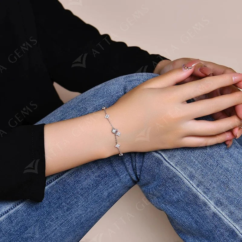 Pulseira Clássica com Moissanite e Pérolas - Prata 925 ou Ouro 10K/14K/18K