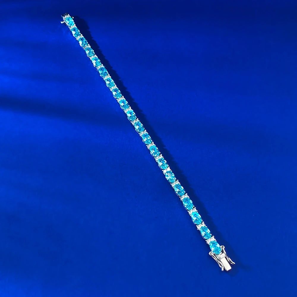 Pulseira Wong Rain em Prata 925 com Água-Marinha Oval 4x6 mm e Detalhes em Pedra de Alto Brilho