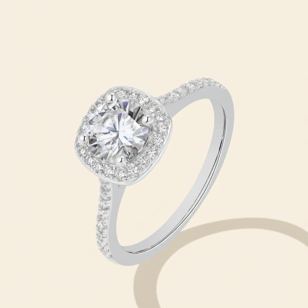 Anel Solitário Halo em Prata 925 com Moissanite e Certificado