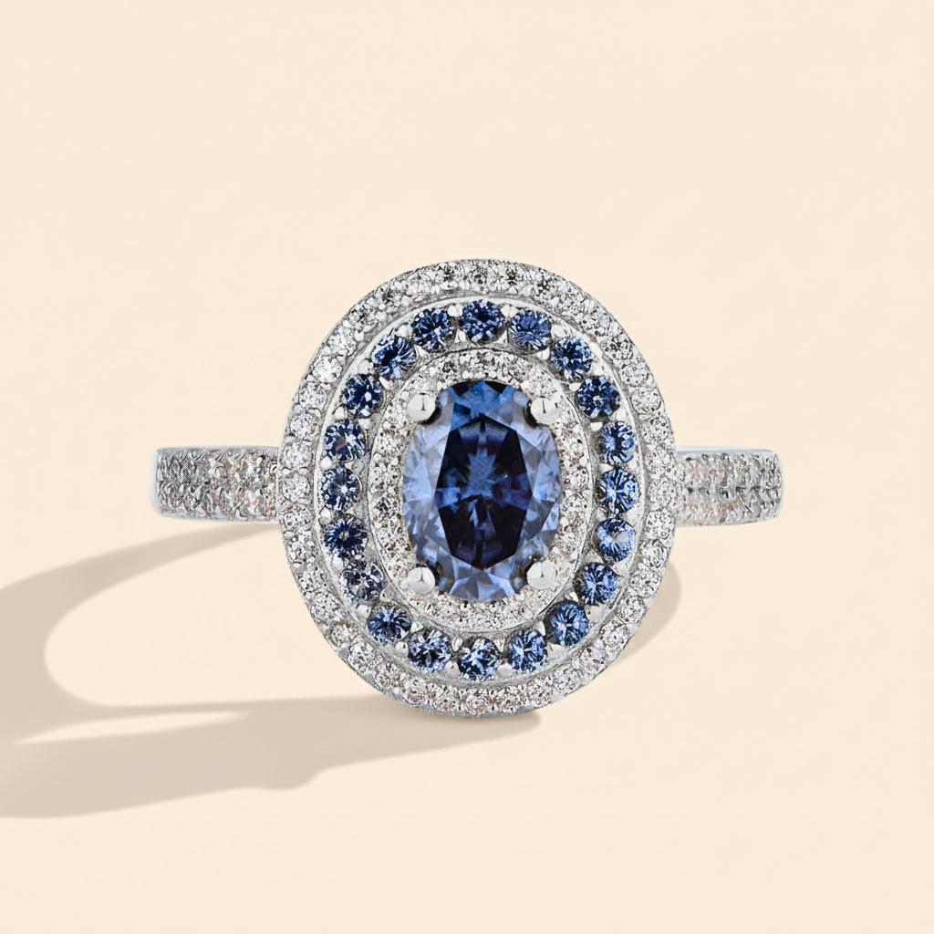 Anel Feminino Blue Moissanite Oval 1.0CT em Prata S925 com Certificado GRA