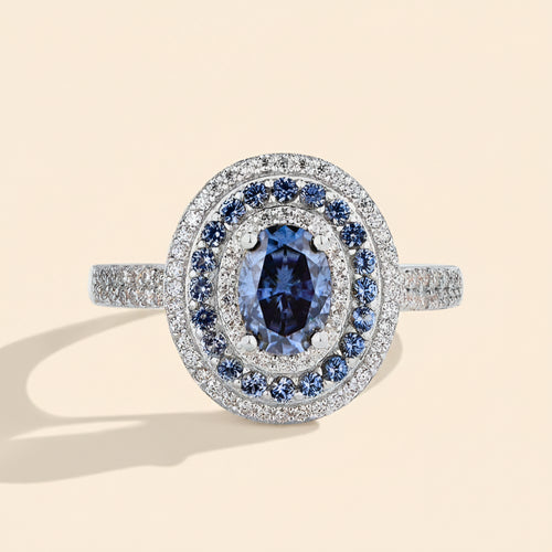 Anel Feminino Blue Moissanite Oval 1.0CT em Prata S925 com Certificado GRA