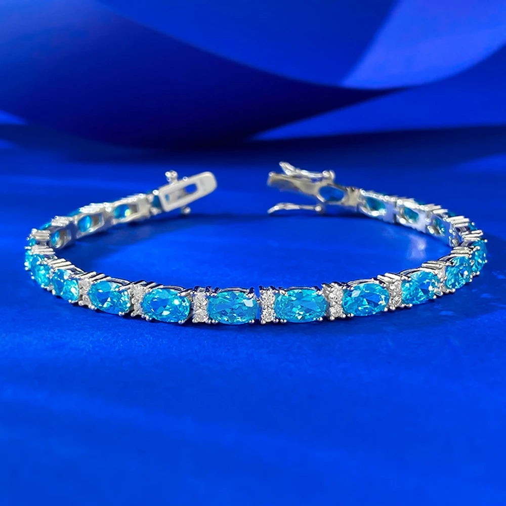Pulseira Wong Rain em Prata 925 com Água-Marinha Oval 4x6 mm e Detalhes em Pedra de Alto Brilho