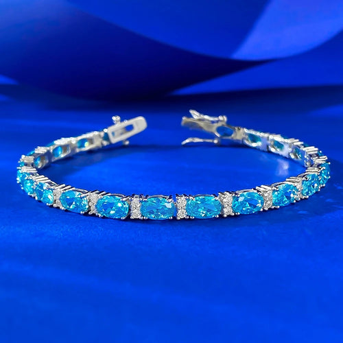 Pulseira Wong Rain em Prata 925 com Água-Marinha Oval 4x6 mm e Detalhes em Pedra de Alto Brilho