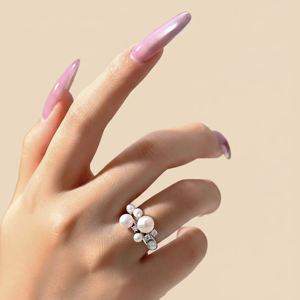 Anel de Pérola e Moissanite em Prata 925 com Banho de Ouro 18k
